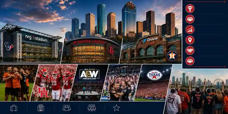Houston sports venues including NRG Stadium, Toyota Center, and Daikin Park with fans, professional athletes, and the downtown skyline, highlighting Houston's vibrant sports and entertainment scene.